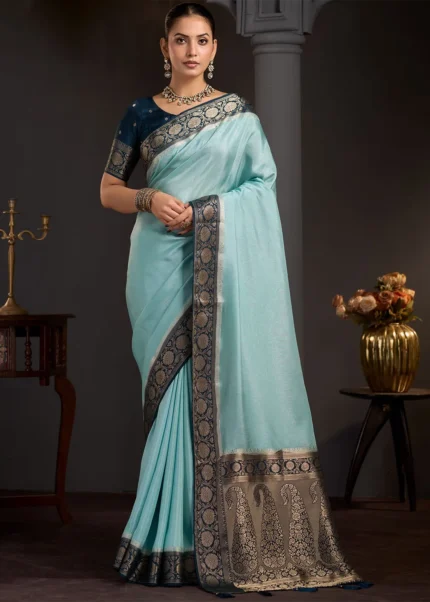Sky Blue Banarasi Silk Saree with Contrast Navy Blue Blouse