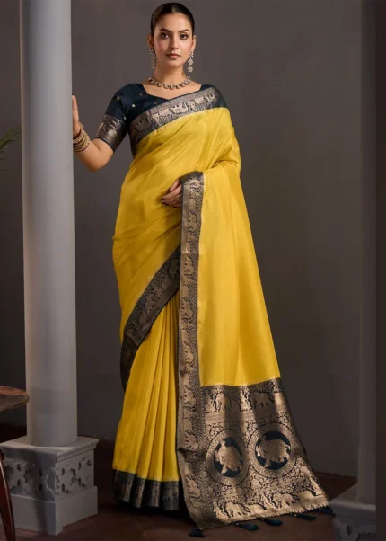 Sunshine Yellow Banarasi Silk Saree with Navy Blue Blouse